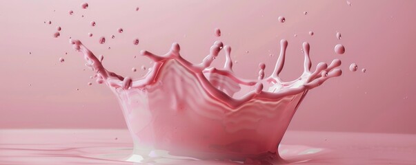 Pink milk splash forming a crown shape with droplets against a pastel background