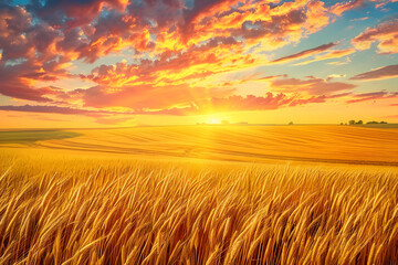 Fototapeta premium A picturesque sunset over a vast field of golden wheat, with the sky painted in hues of orange and pink.