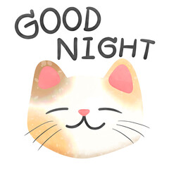 Isolated hand drawn sleeping cat with goodnight word  transparent background.