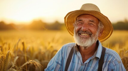 Fototapeta premium Portrait of a happy farmer male in his field, agricultural worker on the background