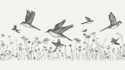 Obraz premium Pencil sketch of assorted swallows in mid-flight above a variety of wildflowers, capturing movement and grace
