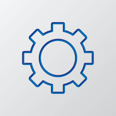 Gear simple icon vector. Flat design. Paper cut design. Cutted blue symbol with shadow. Gray background