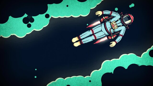 Astronaut in spacesuit with jetpack flies in space among clouds of cosmic dust - retro cartoon animation. Vintage Spaceman in space - comic style.