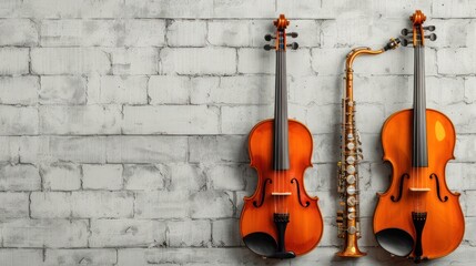 Fototapeta premium Two classical violins and a saxophone leaning against an old brick wall, depicting a blend of classical and jazz musical themes