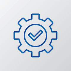 Gear simple icon, vector. Flat design. Paper cut design. Cutted blue symbol with shadow. Gray background