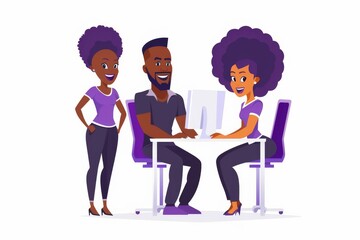 A cartoon illustration of a professor and two students in an office. The professor is sitting at a desk using a computer, while the two students stand nearby