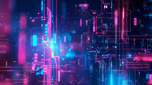 A vibrant image featuring neon pink and blue circuitry creating a futuristic tech background. The image captures the essence of digital innovation, with glowing lines and complex patterns.