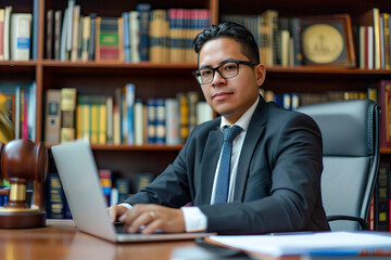 Fototapeta premium Hispanic male attorney with glasses sitting in law office with laptop looking at camera