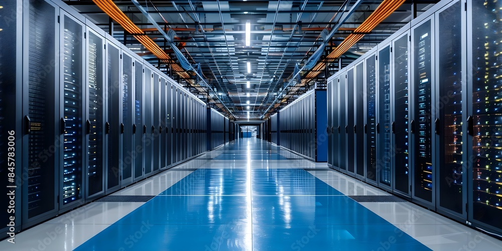 Poster visualizing a modern data technology center with server racks and complex electric equipment. concep