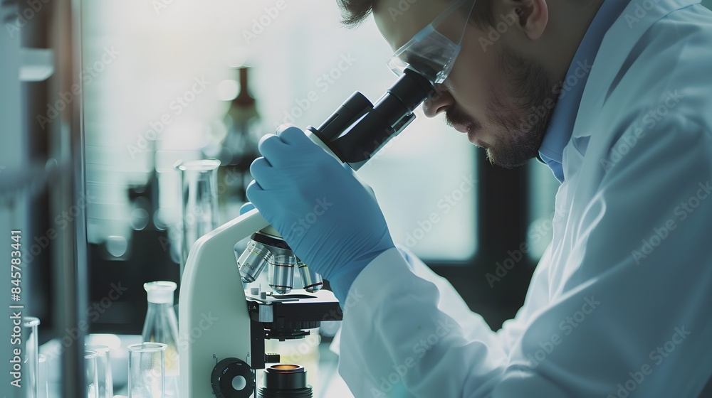 Poster scientist observing samples through a microscope in a modern laboratory setting.