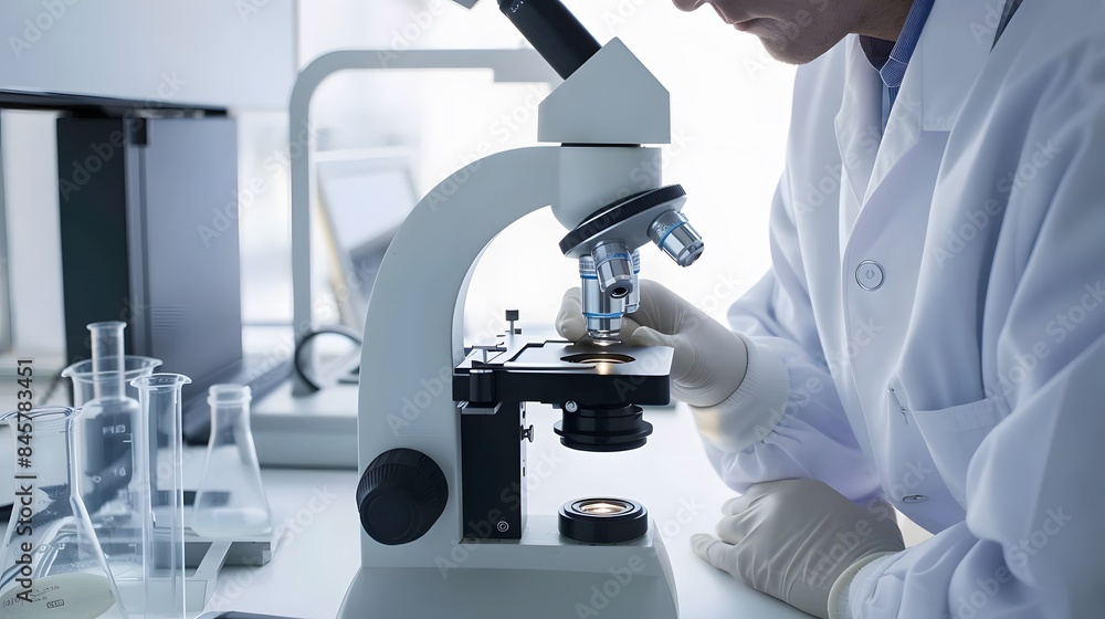 Poster scientist in a lab coat analyzing samples under a microscope in a modern laboratory setting.