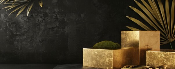Elegant display with gold podiums and green moss against dark background with tropical leaves