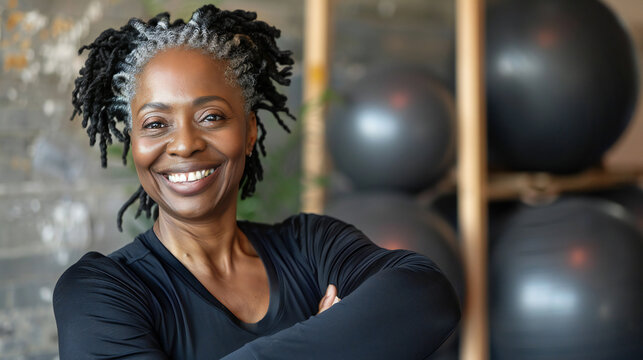 Portrait of happy active senior black woman smiling in gym during fitness workout