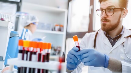 Male lab technician analyzing blood samples in a modern medical laboratory.