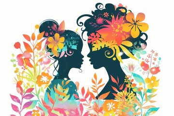 Mother's Day Greeting Card: Silhouette Mom & Daughter with Flowers in Bright Colors