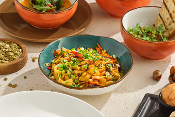 Fresh Vegetable Udon Noodles in a Sesame Sauce with Pumpkin Seeds and Grilled Bread