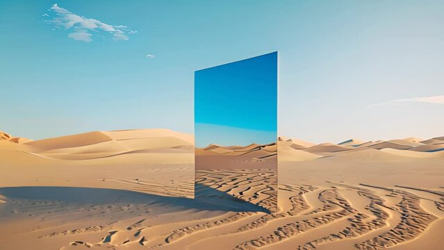 Mirror in sand desert with blue sky, surreal landscape concept. Generative AI