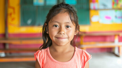 A young girl wearing a pink shirt is smiling at the camera