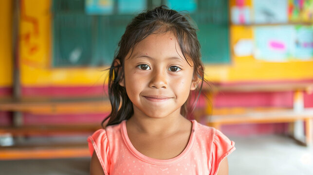 A young girl wearing a pink shirt is smiling at the camera