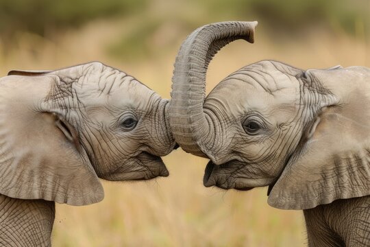 Elephant Trunks. Close Bonded Connection of Young Elephants Showing Affection and Comfort (Loxodonta africana)