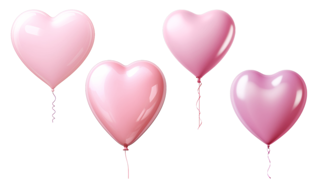 Four pink heart-shaped balloons floating against a transparent background. Perfect for Valentine's Day or love-themed designs.