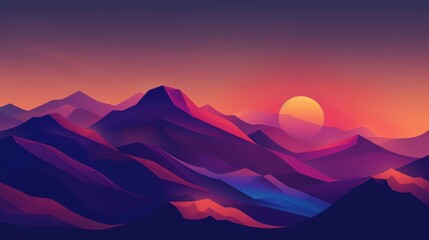 Stylized digital illustration of a mountain range during sunset or sunrise. The sky transitions from a deep blue at the top to a vibrant orange near the horizon where the sun is positioned