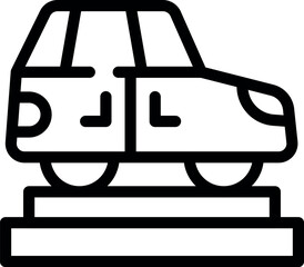 Line drawing of a car dealership showing off a new car on a platform