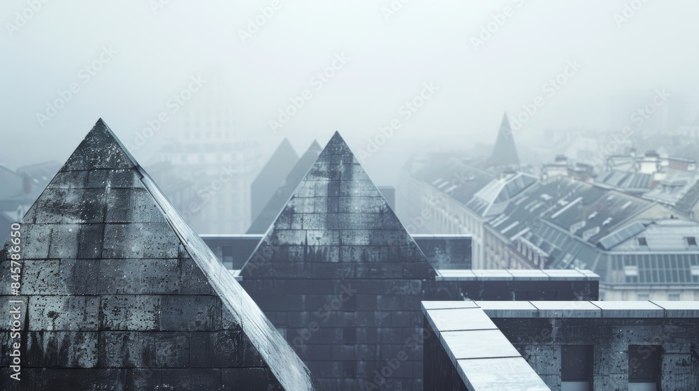 Poster a view of a building with three triangular shaped roofs, ai