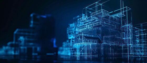 Obraz premium Radiant blueprints lines contrast against the dark backdrop, highlighting the diligence of construction workers