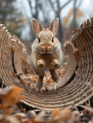 Rabbit Mid-Jump Over Corrugated Cardboard Obstacle Showcasing Nimble Movements