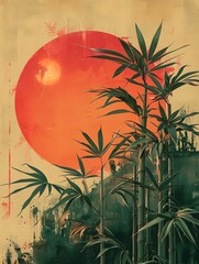 Lush Bamboo Foliage in Bold Graphic Composition with Ukiyo-e Inspired Backdrop