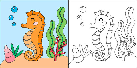 Cute cartoon seahorse character. Undersea, marine life illustration. Sea animals coloring pages isolated on white background. © AnaRisyet