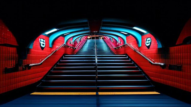 brightly lit metro station with red and blue walls. The stairs lead upward and the neon lights create a futuristic and dynamic atmosphere.