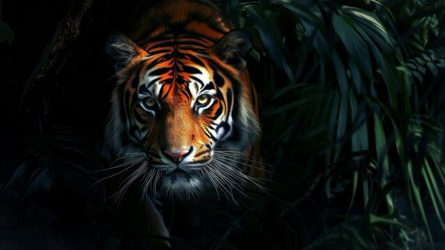 Tiger in dense jungle at night, intense gaze. Wildlife and nature concept. Generative AI