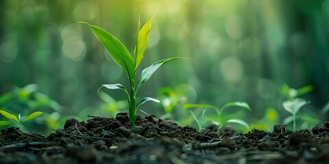 The Symbol of Hope and Renewal Bamboo Shoot Rising Among Waste. Concept Environment, Hope, Renewal, Recycling, Symbolism