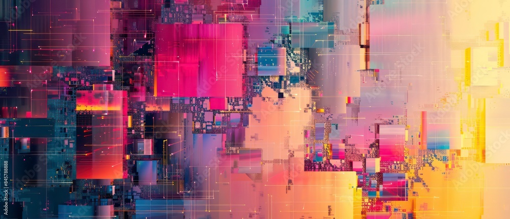 Poster gradient and complimentary colors with solid glitch patterns, holographic art