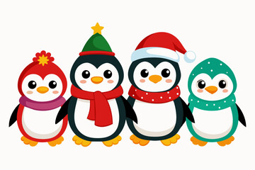  Christmas four cute penguin vector illustration