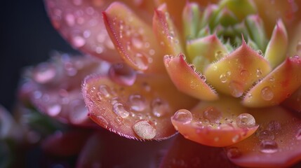 Raindrops on a succulent flower post rainfall seen up close