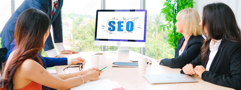 Aufkleber seo search engine optimization for modish e-commerce and online retail business showing on computer 