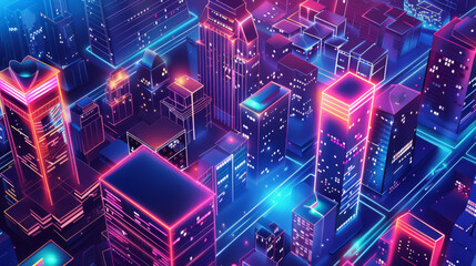 A cityscape with neon lights and buildings