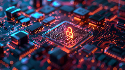 Glowing red padlock on circuit board with orange blue lights iot vulnerability cyber security,