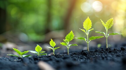 Growth with row small plants growing in soil, life improvement learning accomplishment