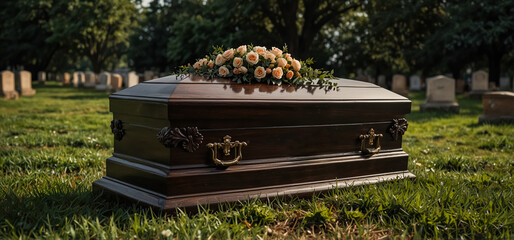 A coffin about to be buried in the ground.