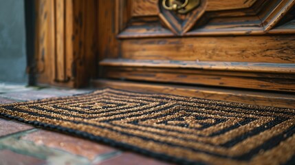 A high-quality coir mat featuring a geometric design placed in front of a wooden door with a brass handle