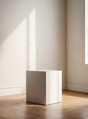 Light rectangular product display stand against window background.