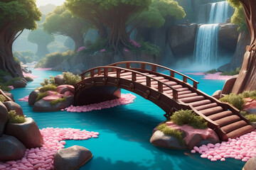 Whimsical Landscape with Chocolate Bridge Over Candy River: Milk Chocolate Bridge, Candy Railings, Licorice Ropes, Marshmallow Plants, Chocolate Trees, Text Space, Generative AI