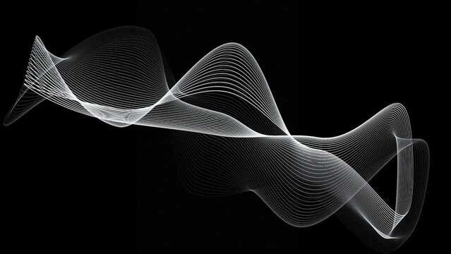 Abstract white line animation with four colour accents, spinning and flowing 3D objects, made with line art, rotating elements on the black background, backdrop motion graphic