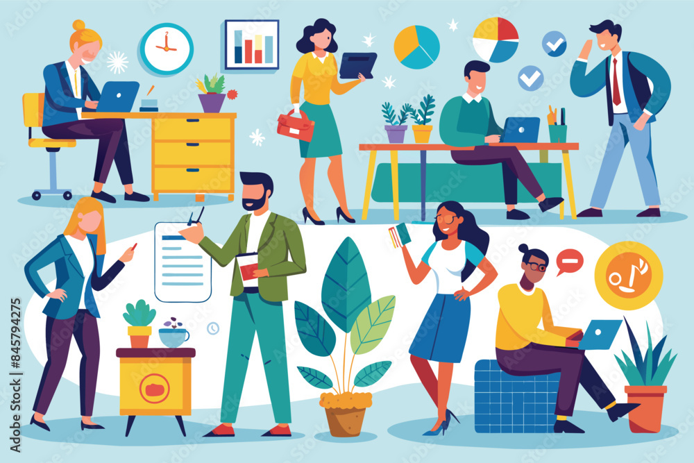 Aufkleber a colorful illustration depicting a diverse group of office workers collaborating on various tasks, 