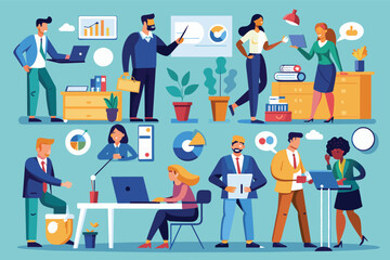 An illustration depicting a diverse group of office workers engaged in various tasks, including presenting, discussing, and working on laptops, showcasing a collaborative and dynamic work environment.