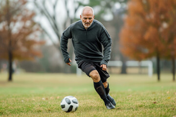 Obraz premium Mature Man Playing Soccer in a Park on a Cloudy Day